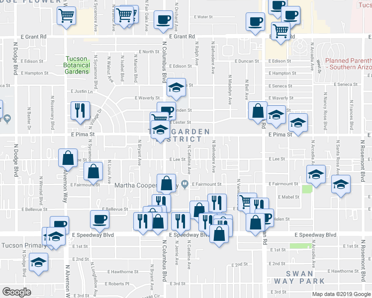 map of restaurants, bars, coffee shops, grocery stores, and more near 1619 North Catalina Avenue in Tucson
