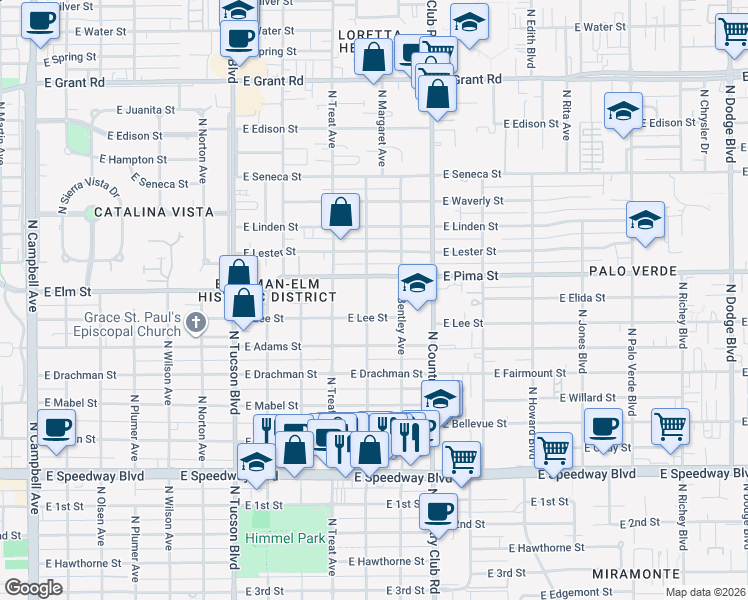 map of restaurants, bars, coffee shops, grocery stores, and more near 1618 North Stewart Avenue in Tucson