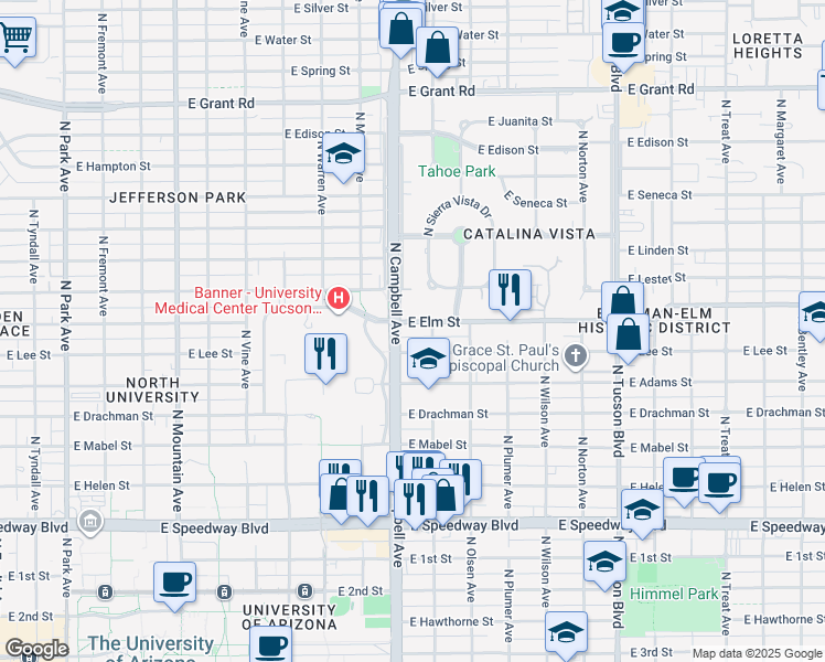 map of restaurants, bars, coffee shops, grocery stores, and more near 1940 East Elm Street in Tucson