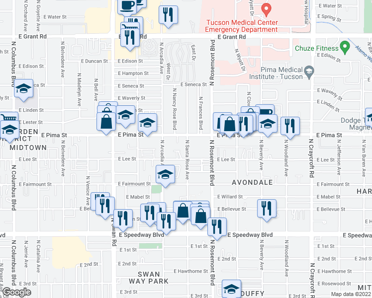 map of restaurants, bars, coffee shops, grocery stores, and more near 1623 North Santa Rosa Avenue in Tucson