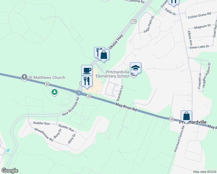map of restaurants, bars, coffee shops, grocery stores, and more near 40 Starshine Circle in Bluffton