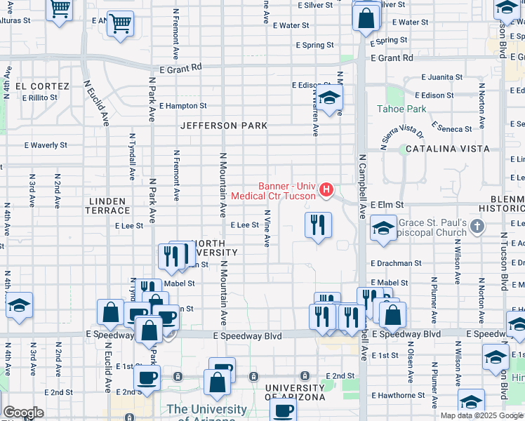 map of restaurants, bars, coffee shops, grocery stores, and more near 1440 East Elm Street in Tucson