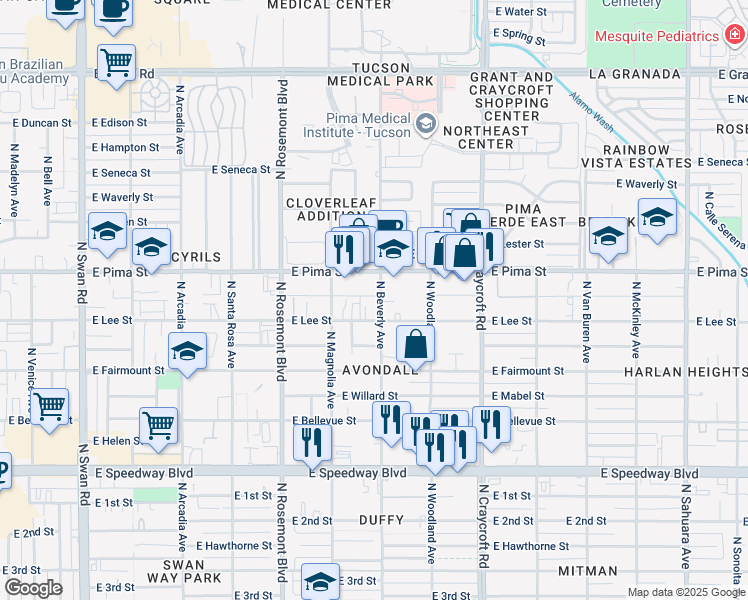 map of restaurants, bars, coffee shops, grocery stores, and more near 1629 North Beverly Avenue in Tucson