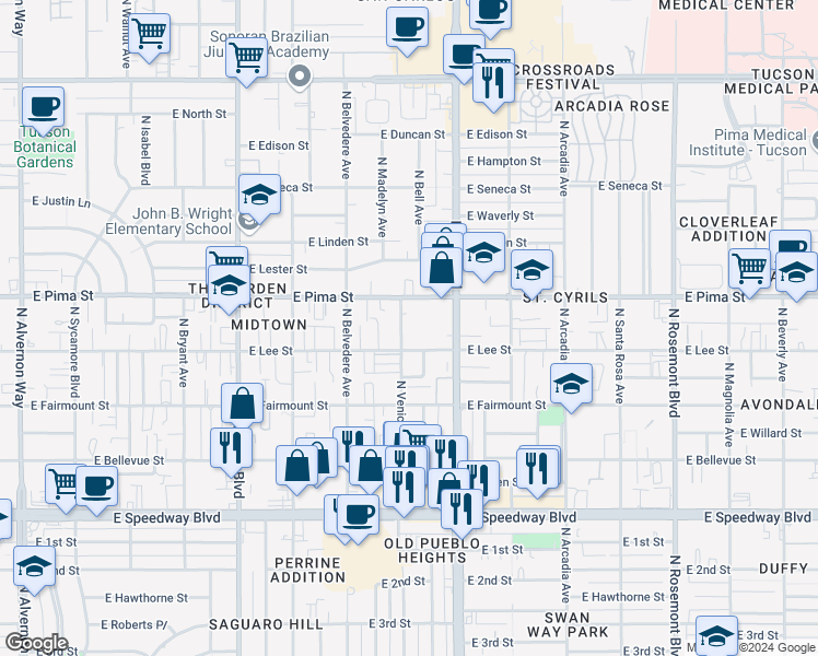 map of restaurants, bars, coffee shops, grocery stores, and more near 1633 North Venice Avenue in Tucson