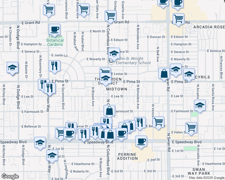 map of restaurants, bars, coffee shops, grocery stores, and more near 1632 North Columbus Boulevard in Tucson