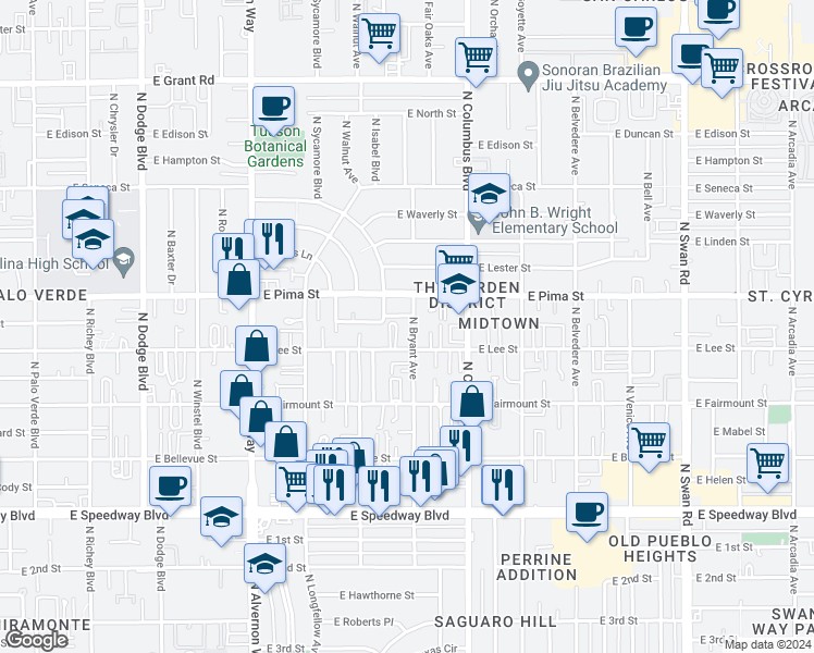 map of restaurants, bars, coffee shops, grocery stores, and more near 4132 East Elida Street in Tucson