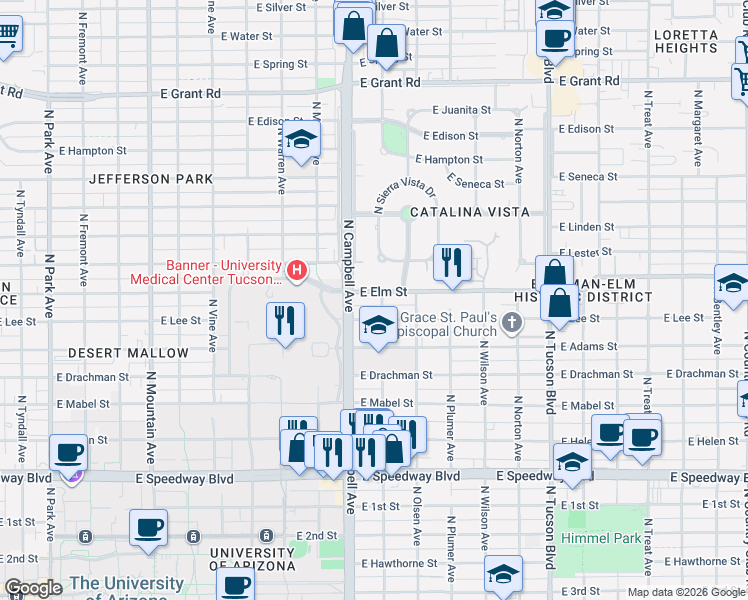 map of restaurants, bars, coffee shops, grocery stores, and more near 1940 East Elm Street in Tucson