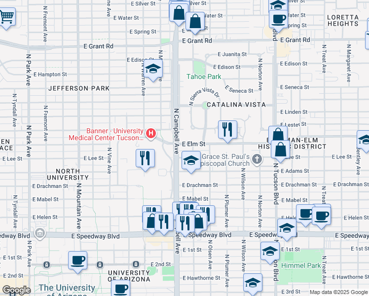 map of restaurants, bars, coffee shops, grocery stores, and more near 1940 East Elm Street in Tucson