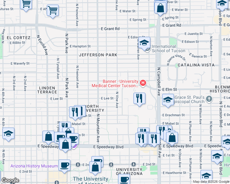 map of restaurants, bars, coffee shops, grocery stores, and more near 1428 East Elm Street in Tucson