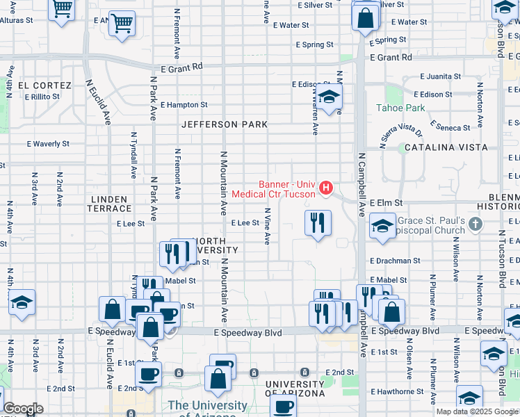 map of restaurants, bars, coffee shops, grocery stores, and more near 1428 East Elm Street in Tucson