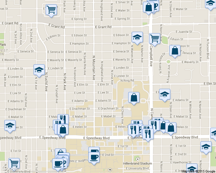 map of restaurants, bars, coffee shops, grocery stores, and more near 1428 East Elm Street in Tucson