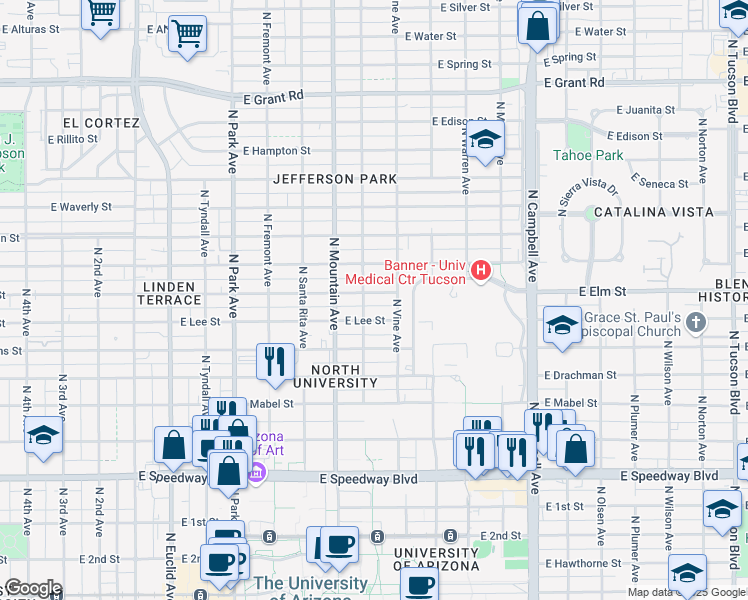 map of restaurants, bars, coffee shops, grocery stores, and more near 1428 East Elm Street in Tucson