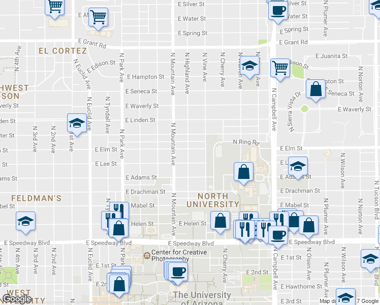 map of restaurants, bars, coffee shops, grocery stores, and more near 1428 East Elm Street in Tucson