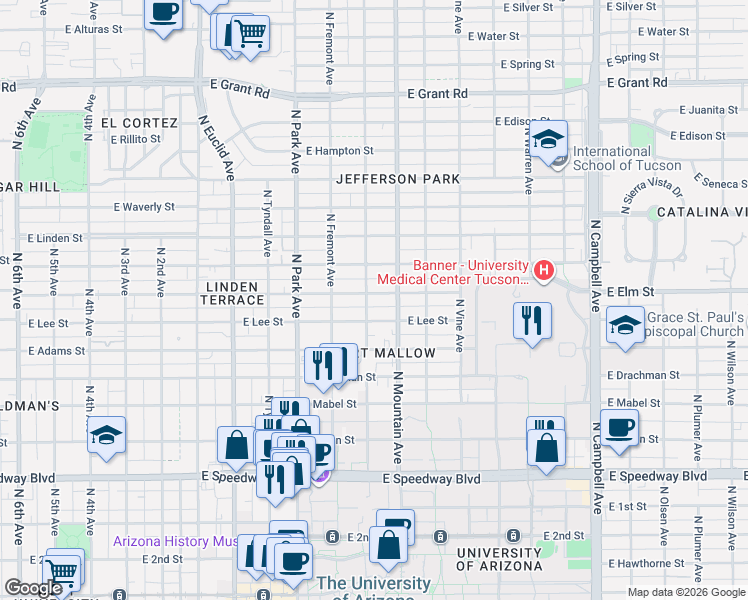 map of restaurants, bars, coffee shops, grocery stores, and more near 1204 East Elm Street in Tucson