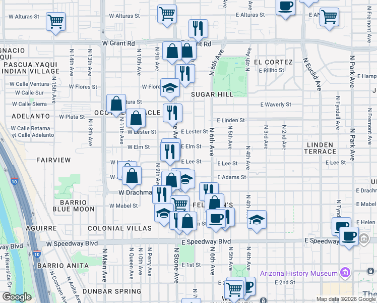 map of restaurants, bars, coffee shops, grocery stores, and more near 1690 North Stone Avenue in Tucson