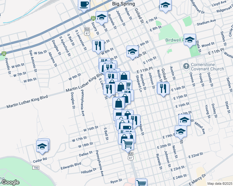 map of restaurants, bars, coffee shops, grocery stores, and more near 204 West 13th Street in Big Spring