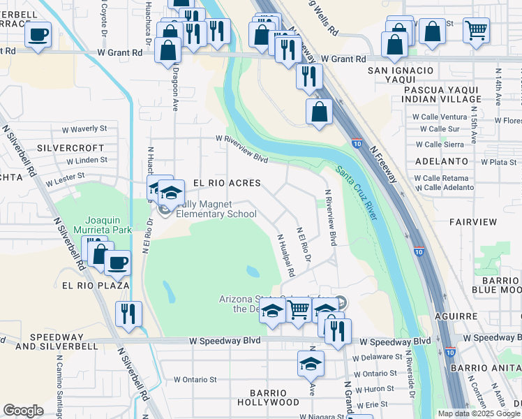 map of restaurants, bars, coffee shops, grocery stores, and more near 1374 West Hualpai Road in Tucson