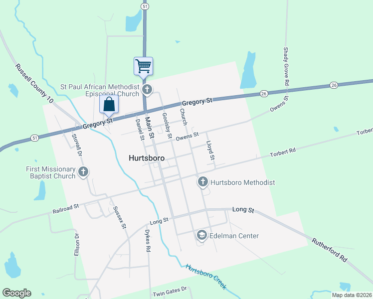 map of restaurants, bars, coffee shops, grocery stores, and more near 408 Church Street in Hurtsboro