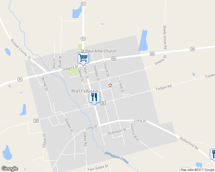 map of restaurants, bars, coffee shops, grocery stores, and more near 408 Church Street in Hurtsboro