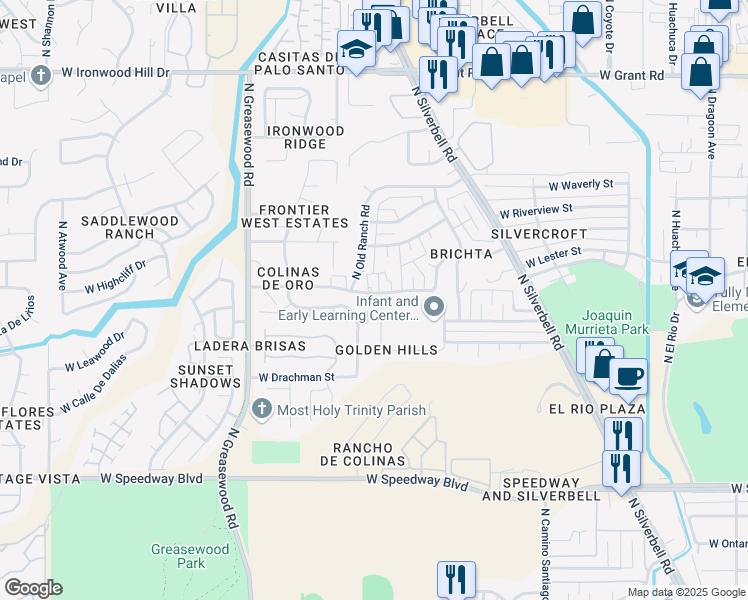 map of restaurants, bars, coffee shops, grocery stores, and more near 2255 West Golden Hills Road in Tucson