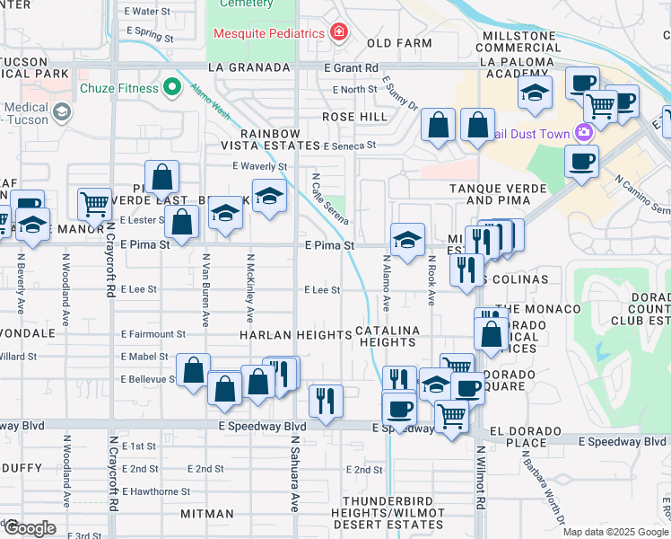 map of restaurants, bars, coffee shops, grocery stores, and more near 1631 North Sonoita Avenue in Tucson