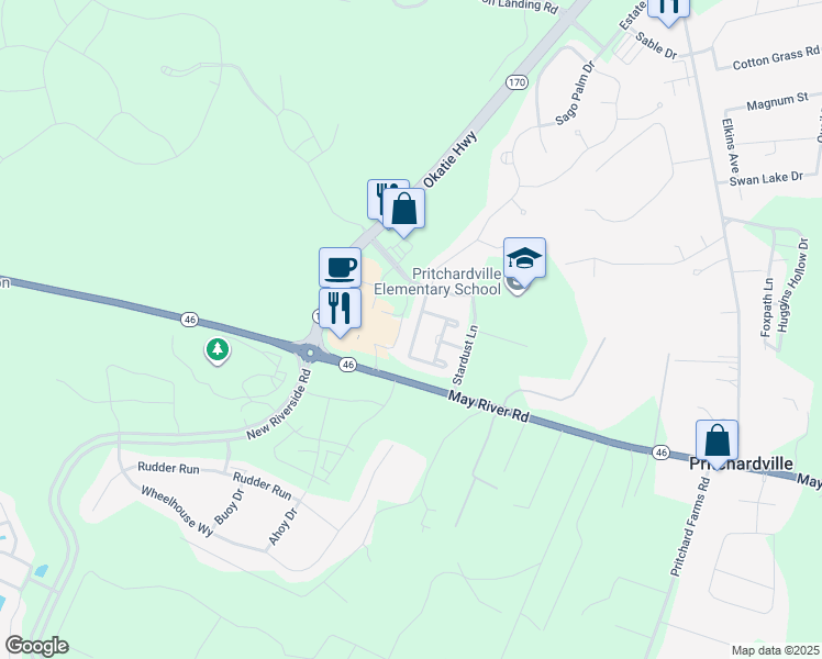 map of restaurants, bars, coffee shops, grocery stores, and more near 40 Starshine Circle in Bluffton