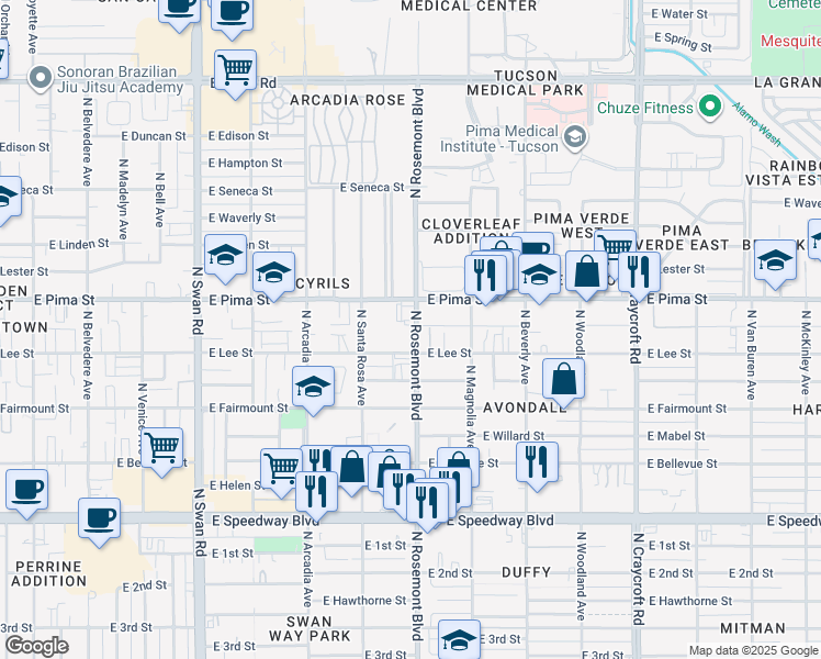 map of restaurants, bars, coffee shops, grocery stores, and more near 1631 North Rosemont Boulevard in Tucson