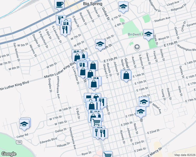 map of restaurants, bars, coffee shops, grocery stores, and more near 1300 South Main Street in Big Spring