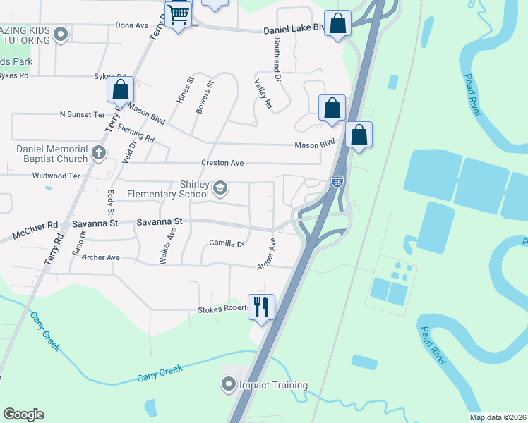 map of restaurants, bars, coffee shops, grocery stores, and more near 404 Deborah Circle in Jackson