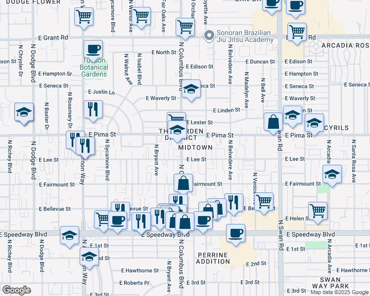 map of restaurants, bars, coffee shops, grocery stores, and more near 1632 North Columbus Boulevard in Tucson