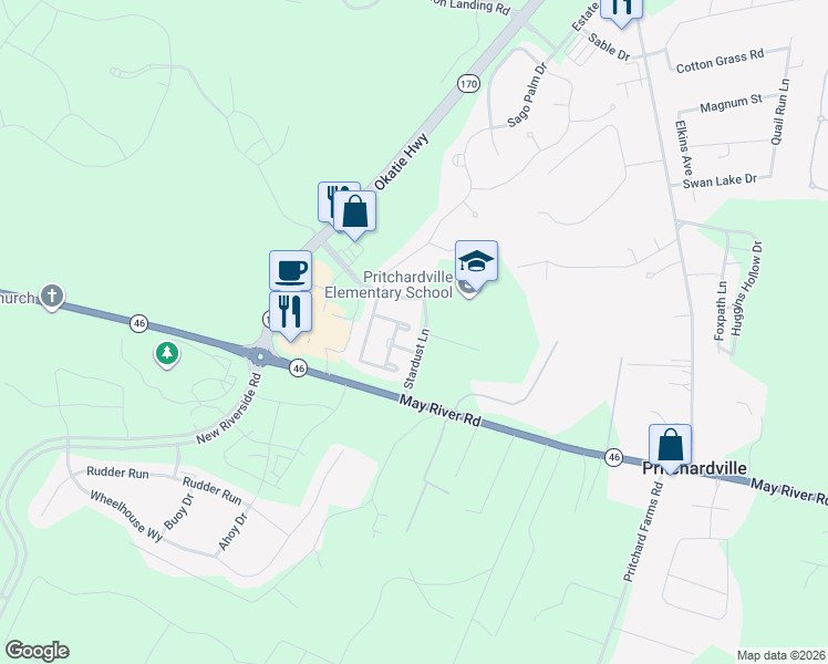 map of restaurants, bars, coffee shops, grocery stores, and more near 19 Moon Beam Court in Bluffton
