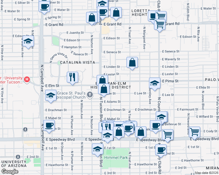map of restaurants, bars, coffee shops, grocery stores, and more near 2538 East Elm Street in Tucson