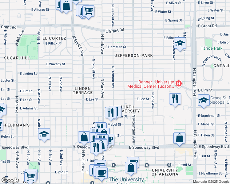 map of restaurants, bars, coffee shops, grocery stores, and more near 1636 North Fremont Avenue in Tucson