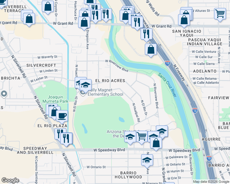 map of restaurants, bars, coffee shops, grocery stores, and more near 1455 West Hualpai Road in Tucson