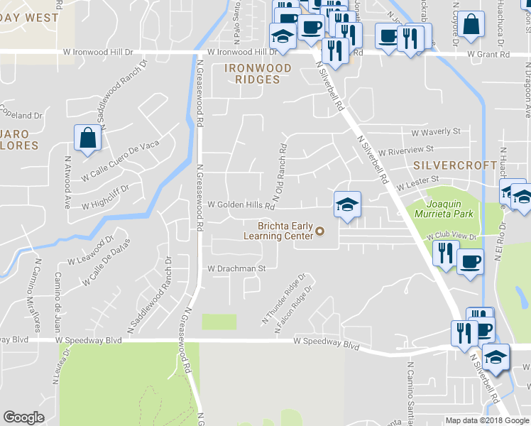 map of restaurants, bars, coffee shops, grocery stores, and more near 2314 West Paine Trail in Tucson