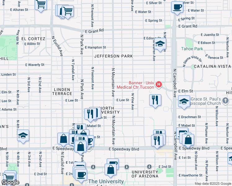map of restaurants, bars, coffee shops, grocery stores, and more near 1310 East Elm Street in Tucson