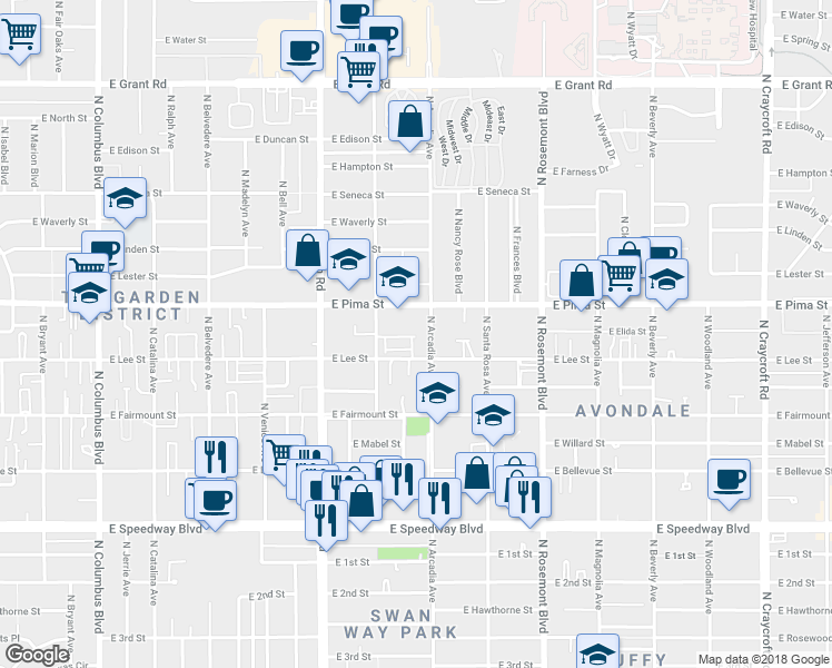 map of restaurants, bars, coffee shops, grocery stores, and more near 4851 East Lee Street in Tucson