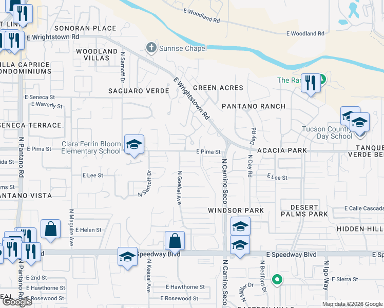 map of restaurants, bars, coffee shops, grocery stores, and more near 8532 East Pima Street in Tucson