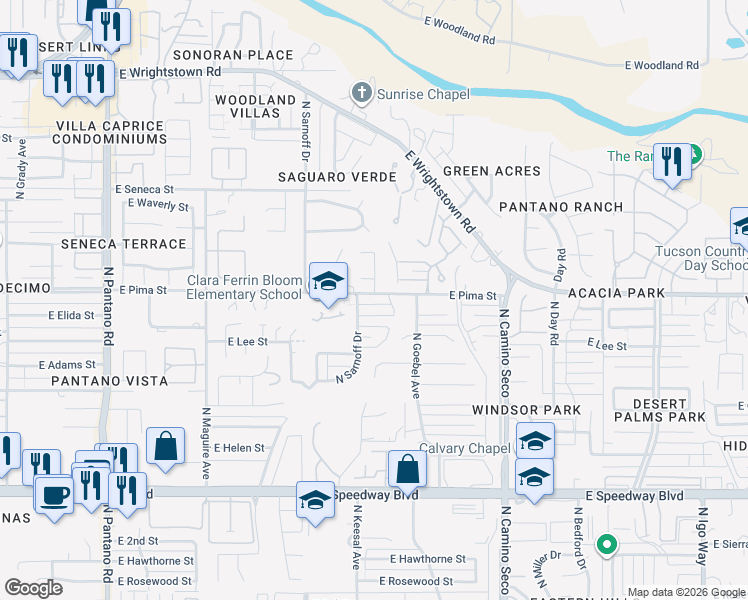 map of restaurants, bars, coffee shops, grocery stores, and more near 8420 East Pima Street in Tucson
