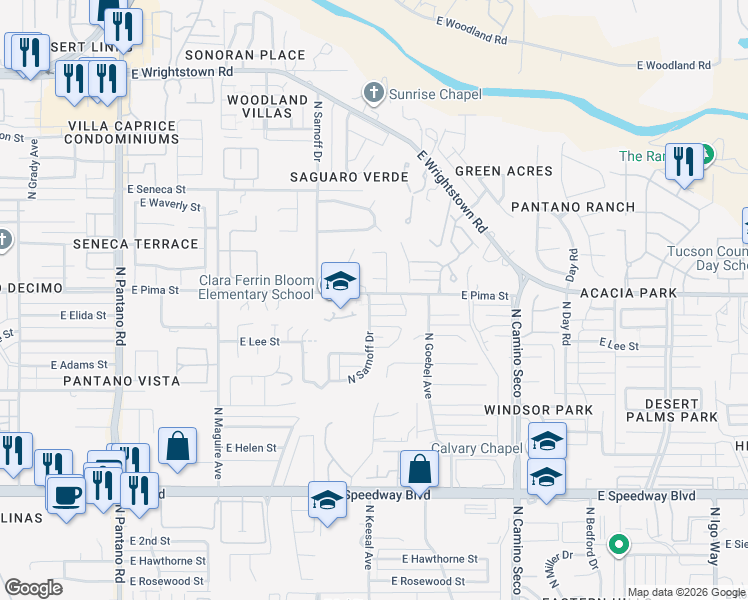 map of restaurants, bars, coffee shops, grocery stores, and more near 8420 East Pima Street in Tucson