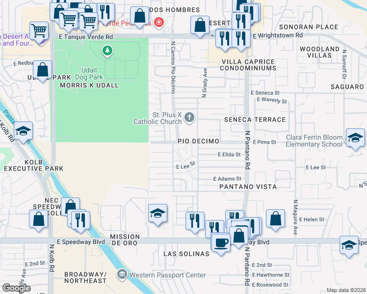 map of restaurants, bars, coffee shops, grocery stores, and more near 1640 North Kelly Place in Tucson