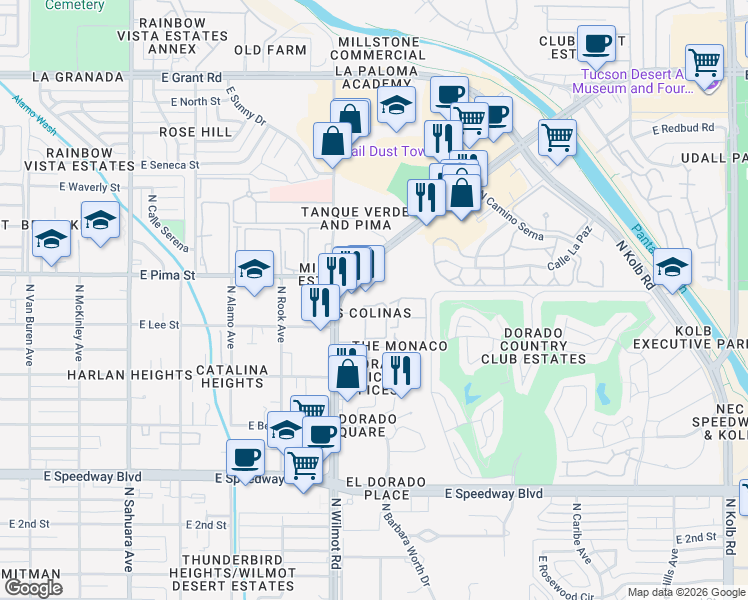 map of restaurants, bars, coffee shops, grocery stores, and more near 1600 North Wilmot Road in Tucson
