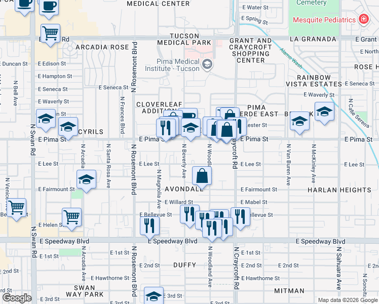 map of restaurants, bars, coffee shops, grocery stores, and more near 1629 North Beverly Avenue in Tucson