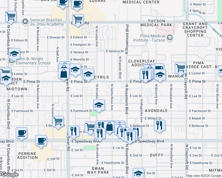 map of restaurants, bars, coffee shops, grocery stores, and more near 1623 North Santa Rosa Avenue in Tucson