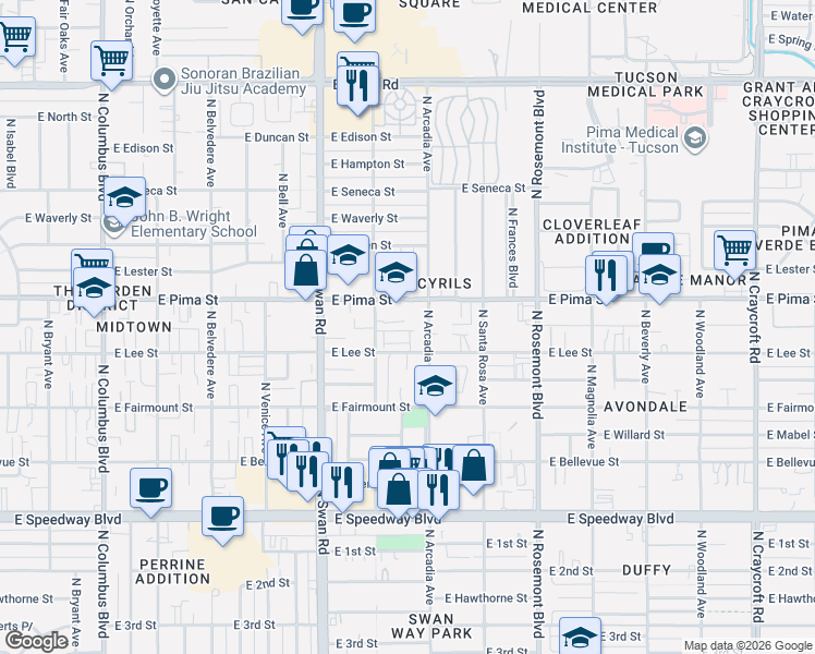 map of restaurants, bars, coffee shops, grocery stores, and more near 4851 East Lee Street in Tucson