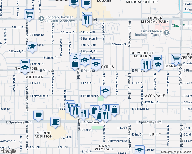 map of restaurants, bars, coffee shops, grocery stores, and more near 4851 East Lee Street in Tucson