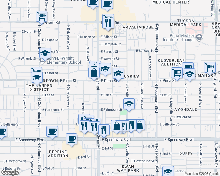 map of restaurants, bars, coffee shops, grocery stores, and more near 4791 East Joslyn Heights Place in Tucson