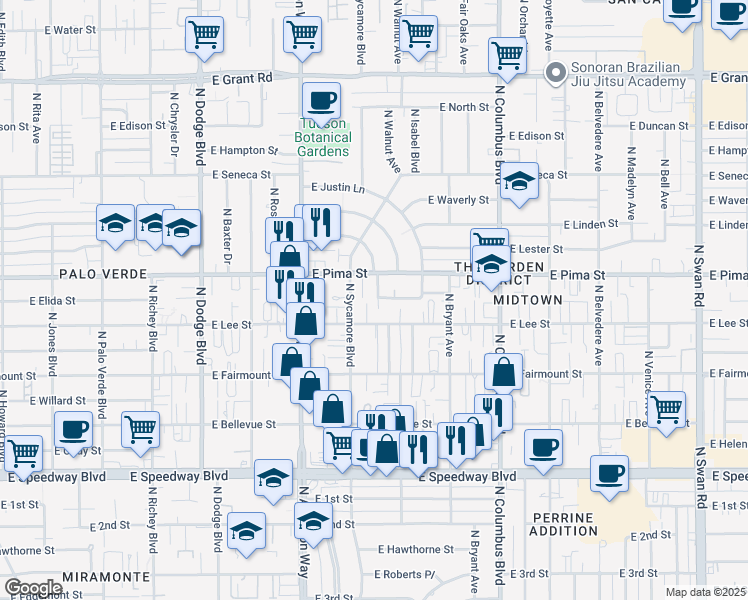 map of restaurants, bars, coffee shops, grocery stores, and more near 4034 East Pima Street in Tucson
