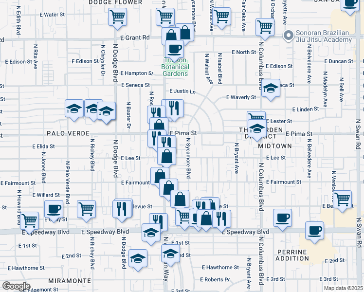 map of restaurants, bars, coffee shops, grocery stores, and more near 3904 East Pima Street in Tucson