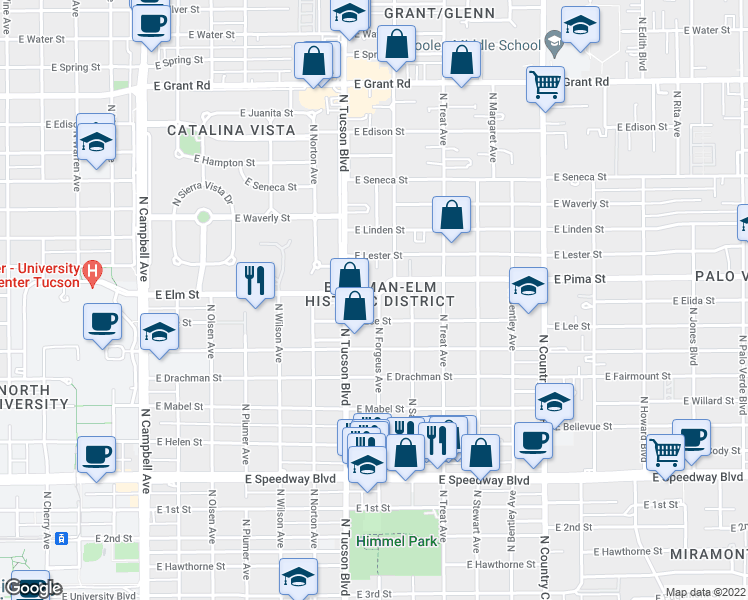 map of restaurants, bars, coffee shops, grocery stores, and more near 2538 East Elm Street in Tucson